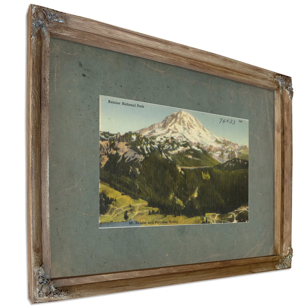 Rainier National Park Mt Rainier And Paradise Valley Washington'1, Verdigris frame — vintage framed wall art by Bella Frye