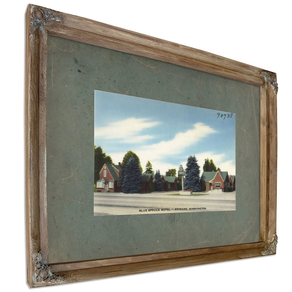 Blue Spruce Motel Spokane Washington, Verdigris frame — vintage framed wall art by Bella Frye