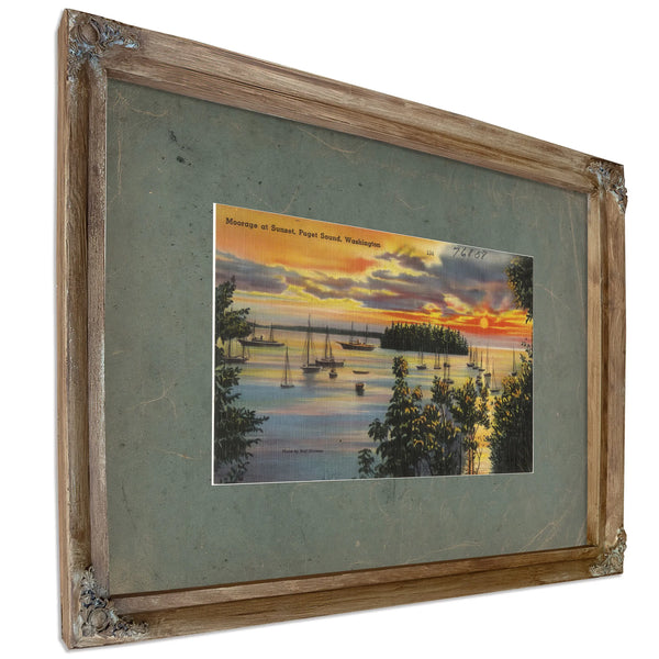 Moorage At Sunset Puget Sound Washington, Verdigris frame — vintage framed wall art by Bella Frye