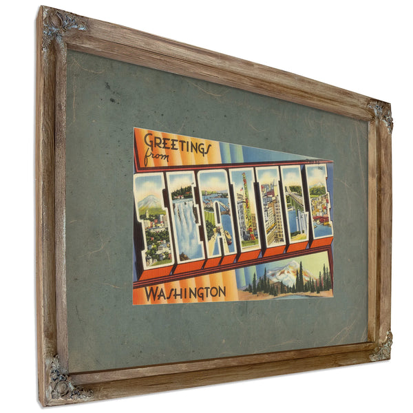 Greetings From Seattle Washington, Verdigris frame — vintage framed wall art by Bella Frye