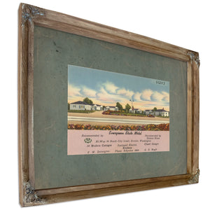 Evergreen State Motel Hi Way 99 North City Limits Everett Washington, Verdigris frame — vintage framed wall art by Bella Frye