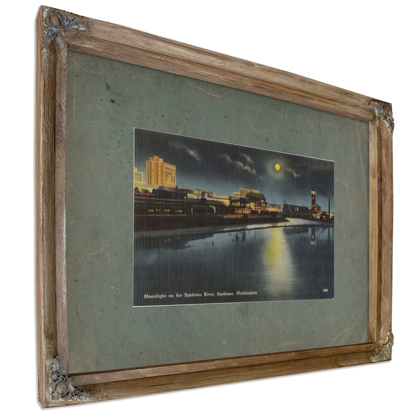 Moonlight On The Spokane River Spokane Washington, Verdigris frame — vintage framed wall art by Bella Frye