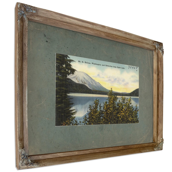 Mt St Helens Washingtonand Reflection From Spirit Lake, Verdigris frame — vintage framed wall art by Bella Frye