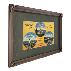 Greetings From The Lookout Scenic High Point On Oregon's Coast, Bourbon frame — vintage framed wall art by Bella Frye
