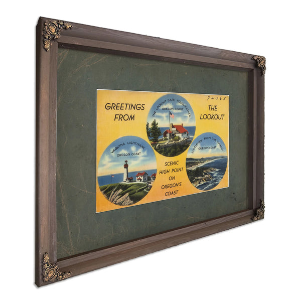 Greetings From The Lookout Scenic High Point On Oregon's Coast, Bourbon frame — vintage framed wall art by Bella Frye