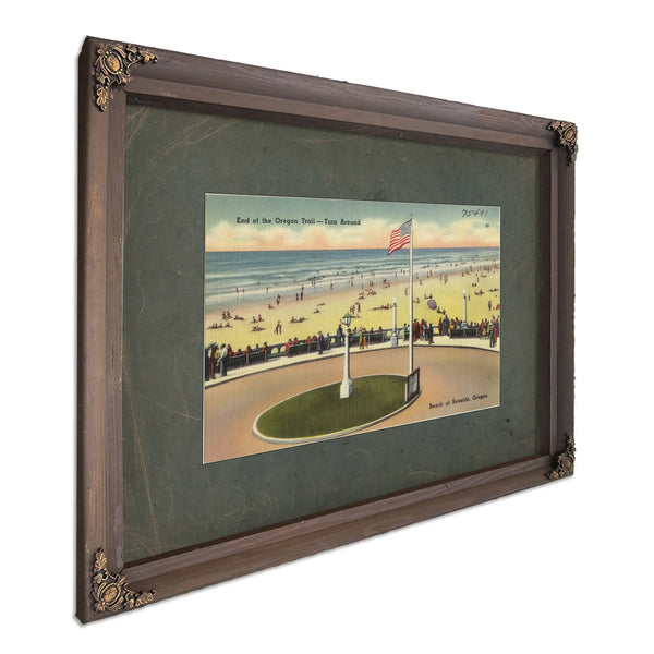 End Of The Oregon Trail Turn Around Beach At Seaside Oregon, Bourbon frame — vintage framed wall art by Bella Frye