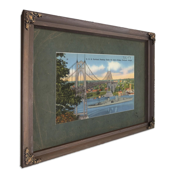 U S S Portland Passing Under St John's Bridge Portland Oregon, Bourbon frame — vintage framed wall art by Bella Frye