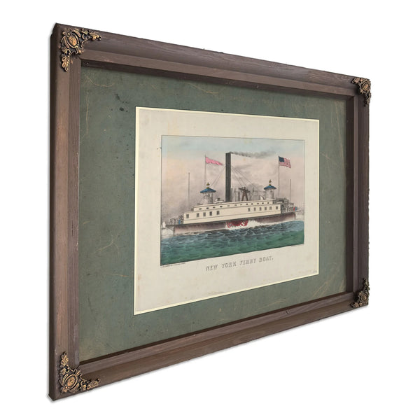 New York Ferry Boat Currier Ives lithograph depicting a side wheel steam fer — Bourbon Framed Canvas Print | Bella Frye