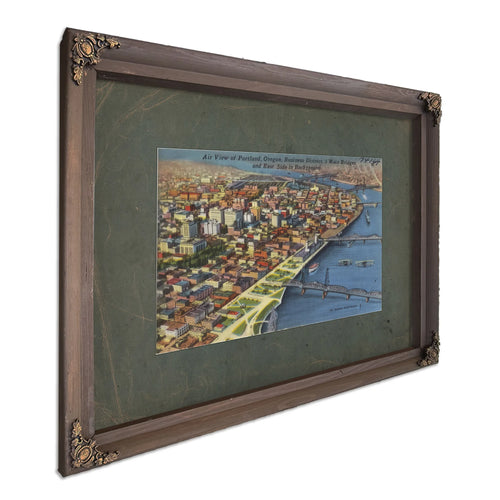 Air View Of Portland Oregon Business District 5 Main Bridges And East Side, Bourbon frame — vintage framed wall art by Bella Frye