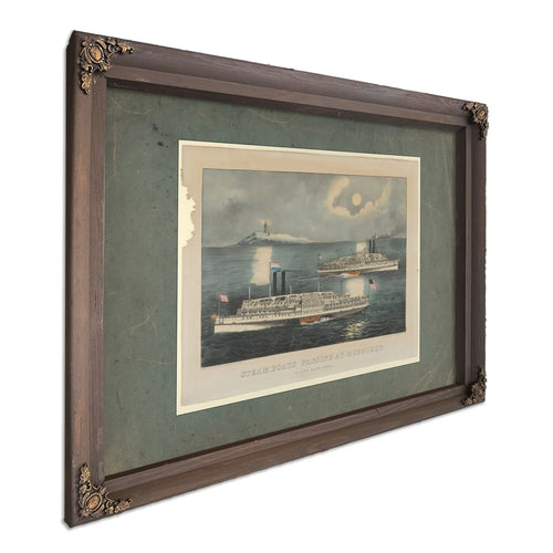 Steamboats Passing at Midnight on Long Island Sound — Bourbon Framed Canvas Print | Bella Frye