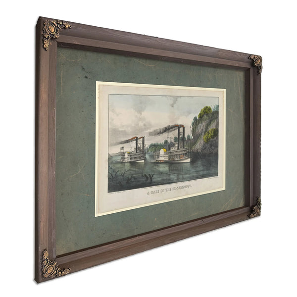 A Race on the Mississippi Currier Ives lithograph depicting steamboat race f — Bourbon Framed Canvas Print | Bella Frye