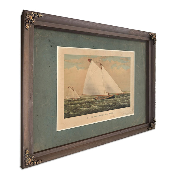 A Jib and Mainsail Race Currier Ives lithograph depicting American yacht r — Bourbon Framed Canvas Print | Bella Frye