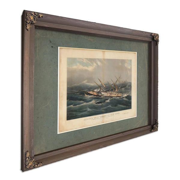 Clipper Ship Comet of New York in a Hurricane off Bermuda on her Voyage from — Bourbon Framed Canvas Print | Bella Frye