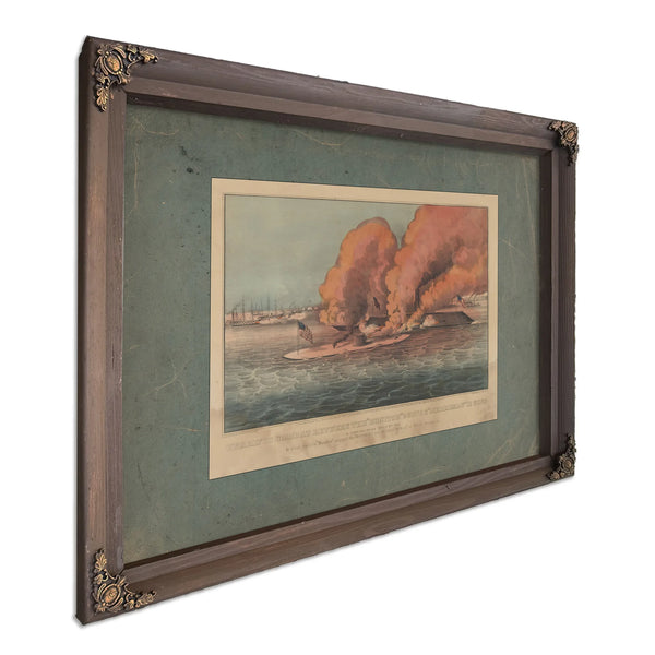 Terrific Combat Between the Monitor 2 Guns Merrimac 11 Guns in Hampton Roads M — Bourbon Framed Canvas Print | Bella Frye