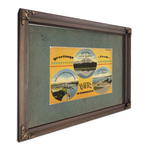 Greetings From Seattle Washington'1, Bourbon frame — vintage framed wall art by Bella Frye