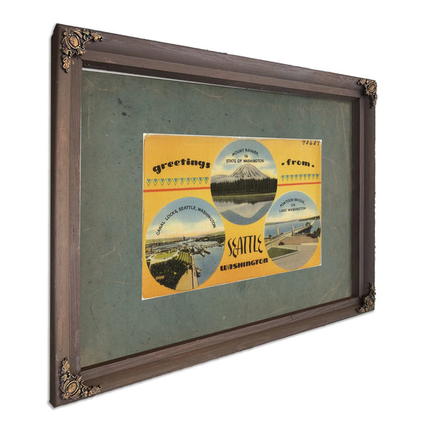 Greetings From Seattle Washington'1, Bourbon frame — vintage framed wall art by Bella Frye