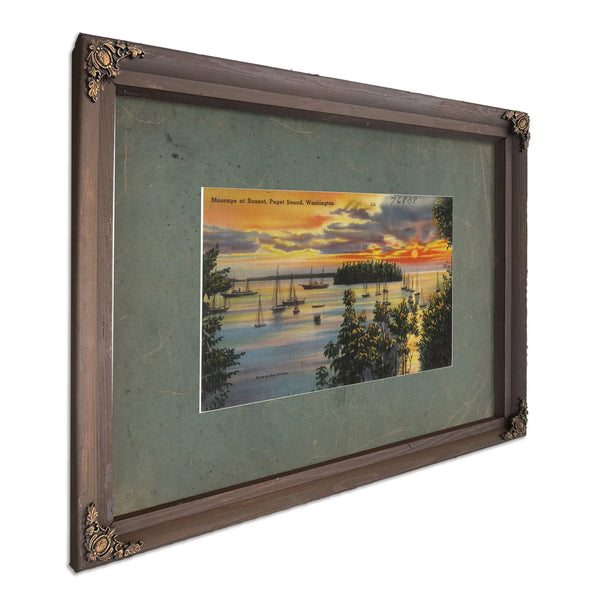 Moorage At Sunset Puget Sound Washington, Bourbon frame — vintage framed wall art by Bella Frye