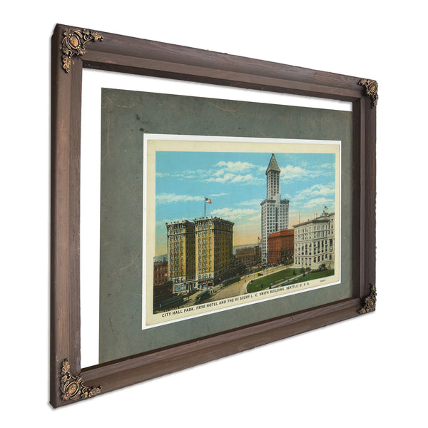 City Hall Park Frye Hotel And Smith Tower Ca 1915, Bourbon frame — vintage framed wall art by Bella Frye