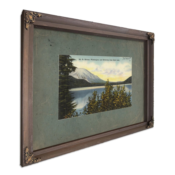Mt St Helens Washingtonand Reflection From Spirit Lake, Bourbon frame — vintage framed wall art by Bella Frye