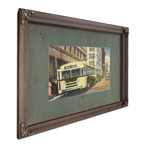 Trackless Trolley Downtown District Seattle Washington, Bourbon frame — vintage framed wall art by Bella Frye