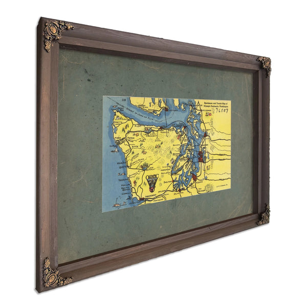 Sportsman And Tourist Map Of Olympic Peninsula Washington, Bourbon frame — vintage framed wall art by Bella Frye