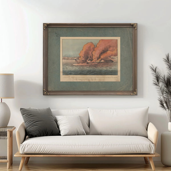 Terrific Combat Between the Monitor 2 Guns Merrimac 11 Guns in Hampton Roads M — Framed Wall Art Room View | Bella Frye
