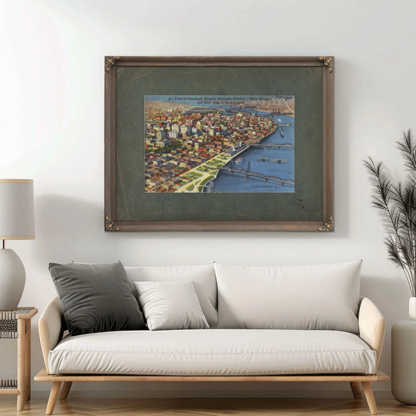 Air View Of Portland Oregon Business District 5 Main Bridges And East Side — vintage wall art by Bella Frye