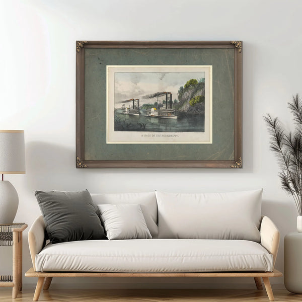 A Race on the Mississippi Currier Ives lithograph depicting steamboat race f — Framed Wall Art Room View | Bella Frye