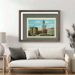 City Hall Park Frye Hotel And Smith Tower Ca 1915 — vintage wall art by Bella Frye