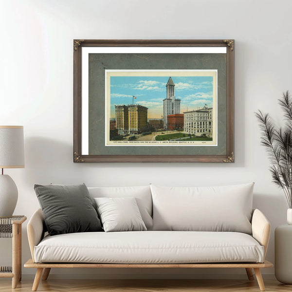 City Hall Park Frye Hotel And Smith Tower Ca 1915 — vintage wall art by Bella Frye
