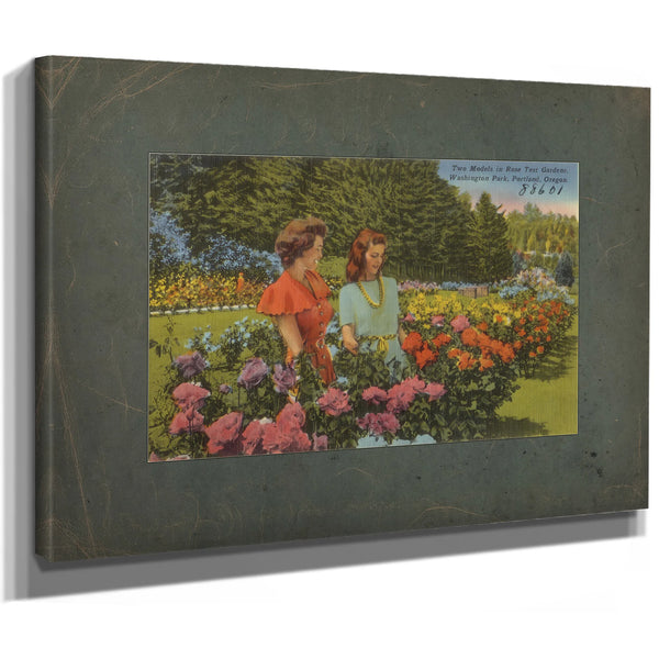 Two Models In Rose Test Gardens Washington Park Portland Oregon, canvas wrap — vintage framed wall art by Bella Frye