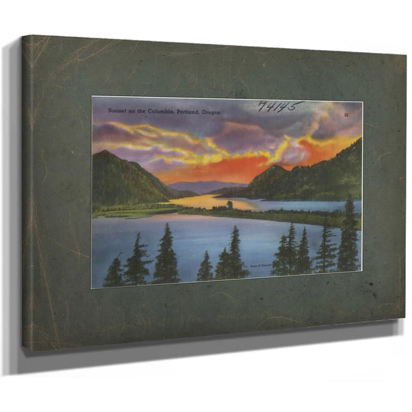 Sunset On The Columbia Portland Oregon, canvas wrap — vintage framed wall art by Bella Frye