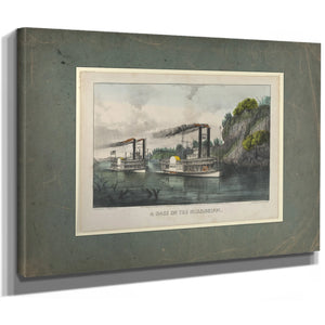 A Race on the Mississippi Currier Ives lithograph depicting steamboat race f — Stretched Canvas Print | Bella Frye
