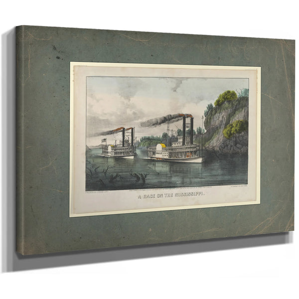 A Race on the Mississippi Currier Ives lithograph depicting steamboat race f — Stretched Canvas Print | Bella Frye