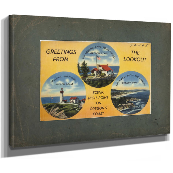Greetings From The Lookout Scenic High Point On Oregon's Coast, canvas wrap — vintage framed wall art by Bella Frye