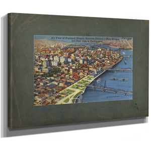 Air View Of Portland Oregon Business District 5 Main Bridges And East Side, canvas wrap — vintage framed wall art by Bella Frye