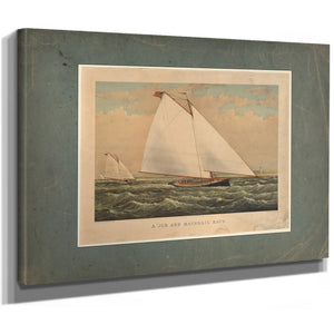 A Jib and Mainsail Race Currier Ives lithograph depicting American yacht r — Stretched Canvas Print | Bella Frye
