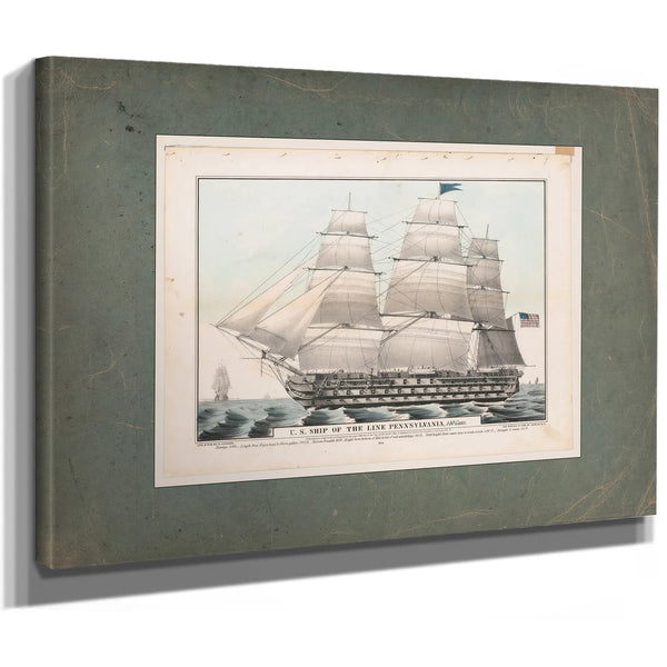 US. Ship of the Line Pennsylvania 140 Guns  Currier Lithograph — Stretched Canvas Print | Bella Frye
