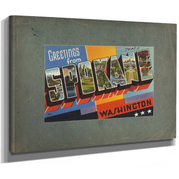 Greetings From Spokane Washington, canvas wrap — vintage framed wall art by Bella Frye