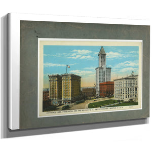 City Hall Park Frye Hotel And Smith Tower Ca 1915, canvas wrap — vintage framed wall art by Bella Frye