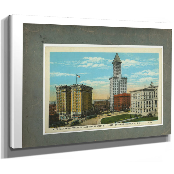 City Hall Park Frye Hotel And Smith Tower Ca 1915, canvas wrap — vintage framed wall art by Bella Frye