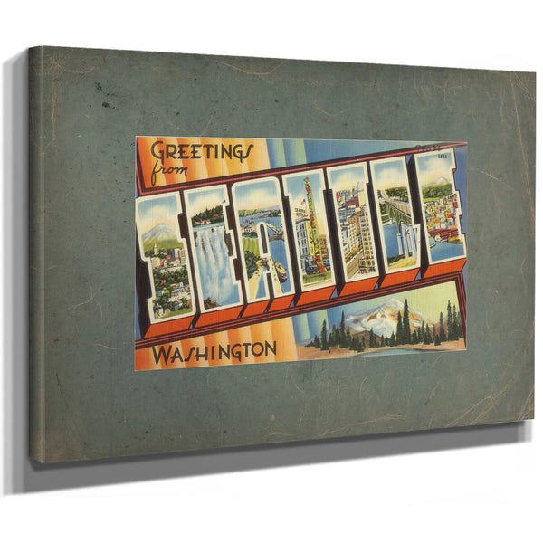 Greetings From Seattle Washington, canvas wrap — vintage framed wall art by Bella Frye