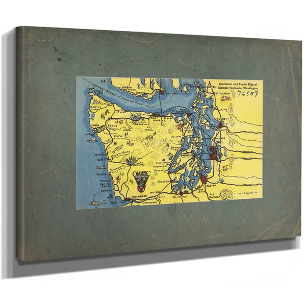Sportsman And Tourist Map Of Olympic Peninsula Washington, canvas wrap — vintage framed wall art by Bella Frye