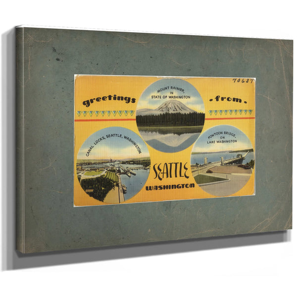 Greetings From Seattle Washington'1, canvas wrap — vintage framed wall art by Bella Frye