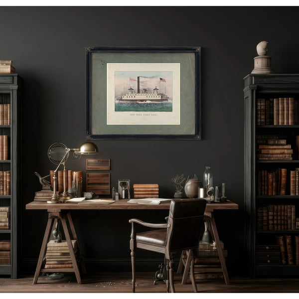 New York Ferry Boat Currier Ives lithograph depicting a side wheel steam fer — Framed Wall Art Room View | Bella Frye