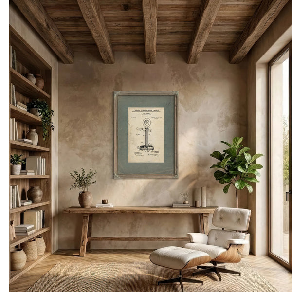 The Birsfield Transmitter — Patent Drawing for the Candlestick Telephone Stand — Stretched Canvas Print | Bella Frye