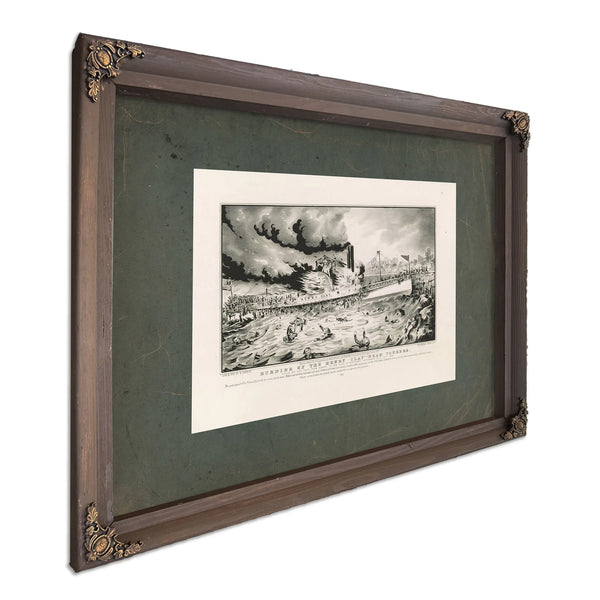 Burning of the Henry Clay Near Yonkers_ While on Her Trip From Albany to New — Bourbon Framed Canvas Print | Bella Frye