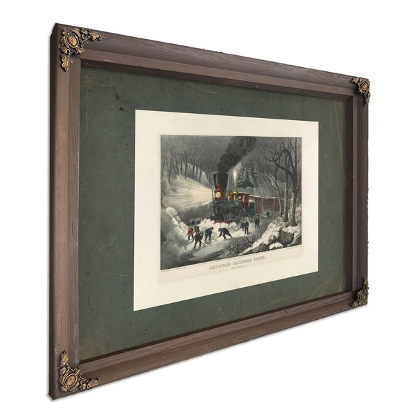 American Railroad Scene_ Snowbound 1871 — Bourbon Framed Canvas Print | Bella Frye
