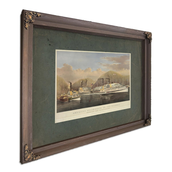 American Steamboats on the Hudson_ Passing the Highlands 1874 — Bourbon Framed Canvas Print | Bella Frye
