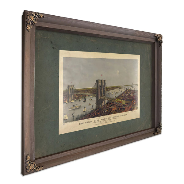 Grand Birds Eye View of the Great East River Suspension Bridge Connecting Th — Bourbon Framed Canvas Print | Bella Frye